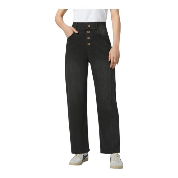 Halara Flex High Waisted Casual Boyfriend Jeans Large Black Straight Leg Pockets - Picture 1 of 10